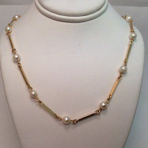 LADIES 18K YELLOW REAL SOLID GOLD GENUINE PEARL BAR FANCY NECKLACE 16''  10.3g